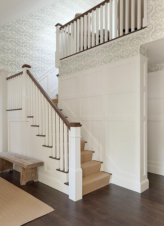 wallpaper on bottom half of wall,stairs,handrail,product,baluster,property