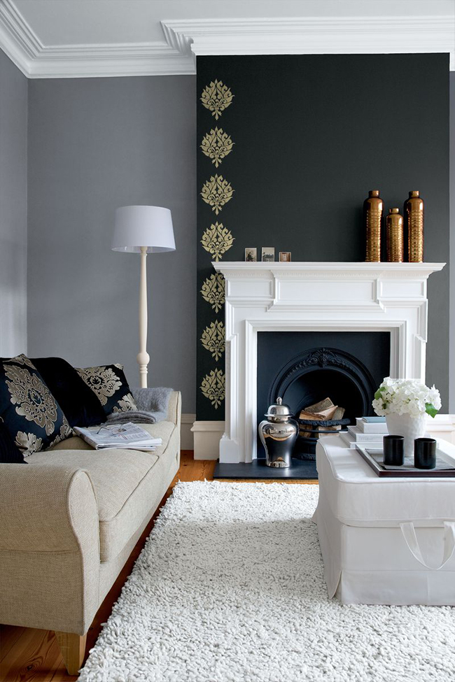 chimney breast wallpaper,living room,room,furniture,interior design,black