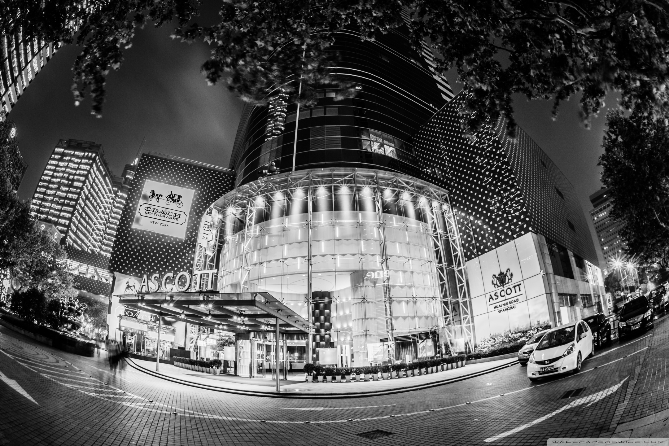 luxury white wallpaper,fisheye lens,architecture,metropolitan area,black and white,photography