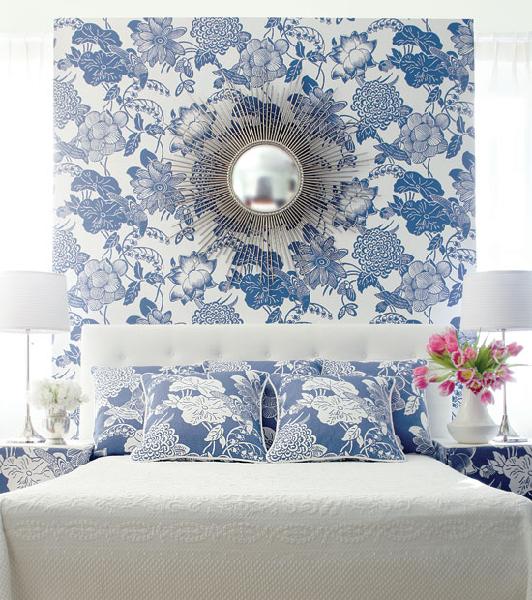 papel pintado azul y blanco para paredes,azul,pared,habitación,mueble,diseño de interiores