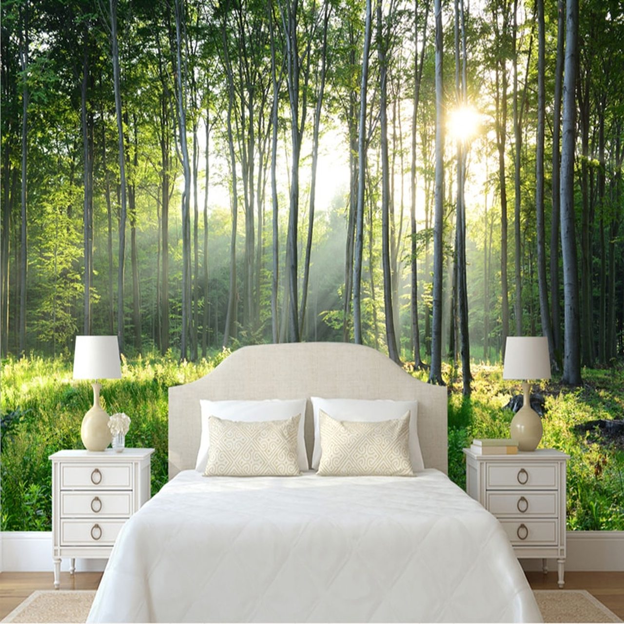 green bedroom wallpaper,nature,room,furniture,bed,tree
