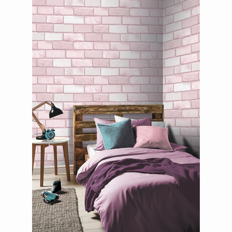 핑크 벽돌 벽지,벽,가구,침대 시트,보라색,침실