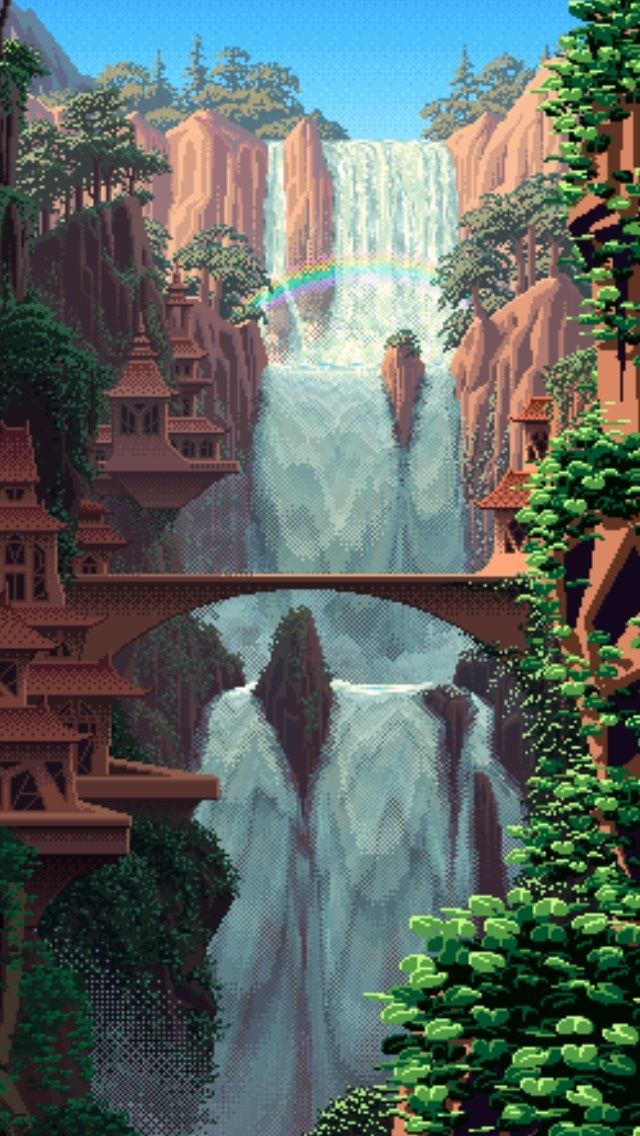 pixel iphone wallpaper,waterfall,natural landscape,nature,landmark,water resources