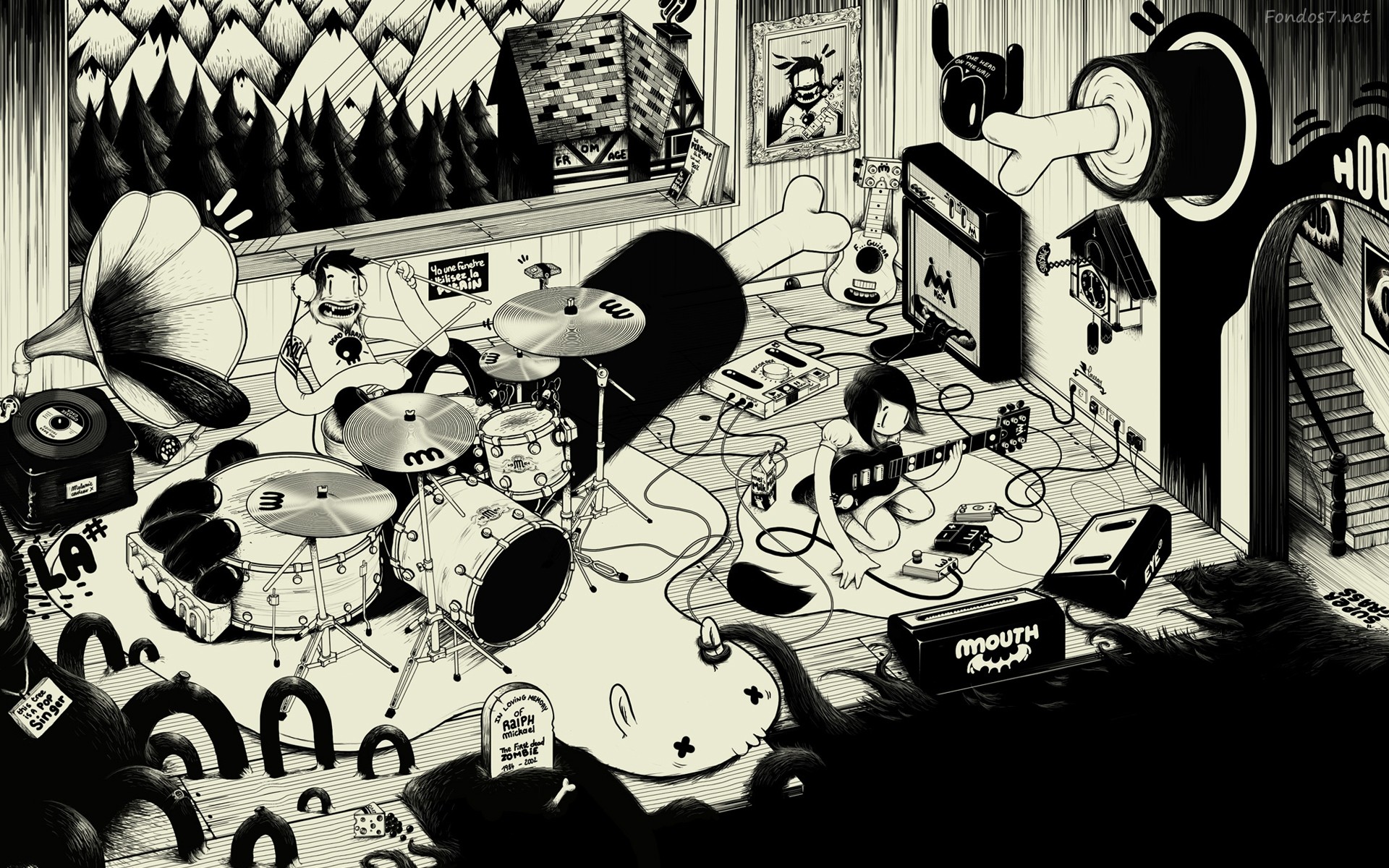 carta da parati punk rock,cartone animato,bianco e nero,monocromatico,i fumetti,illustrazione
