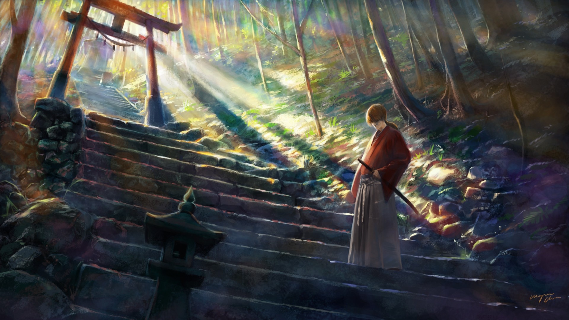 rurouni kenshin wallpaper,painting,tree,sunlight,art,adventure game