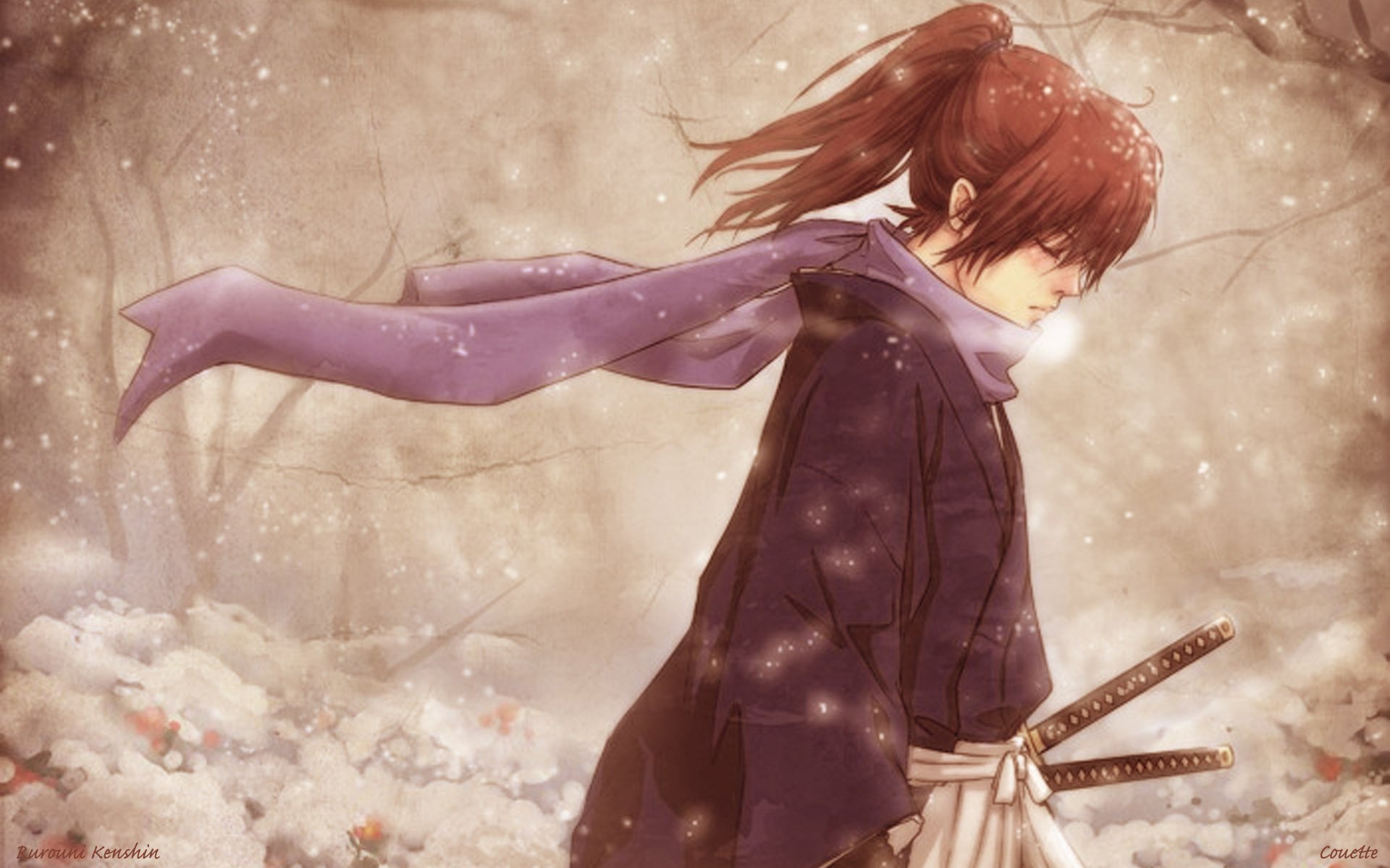 carta da parati rurouni kenshin,cg artwork,anime,illustrazione,viola,capelli castani