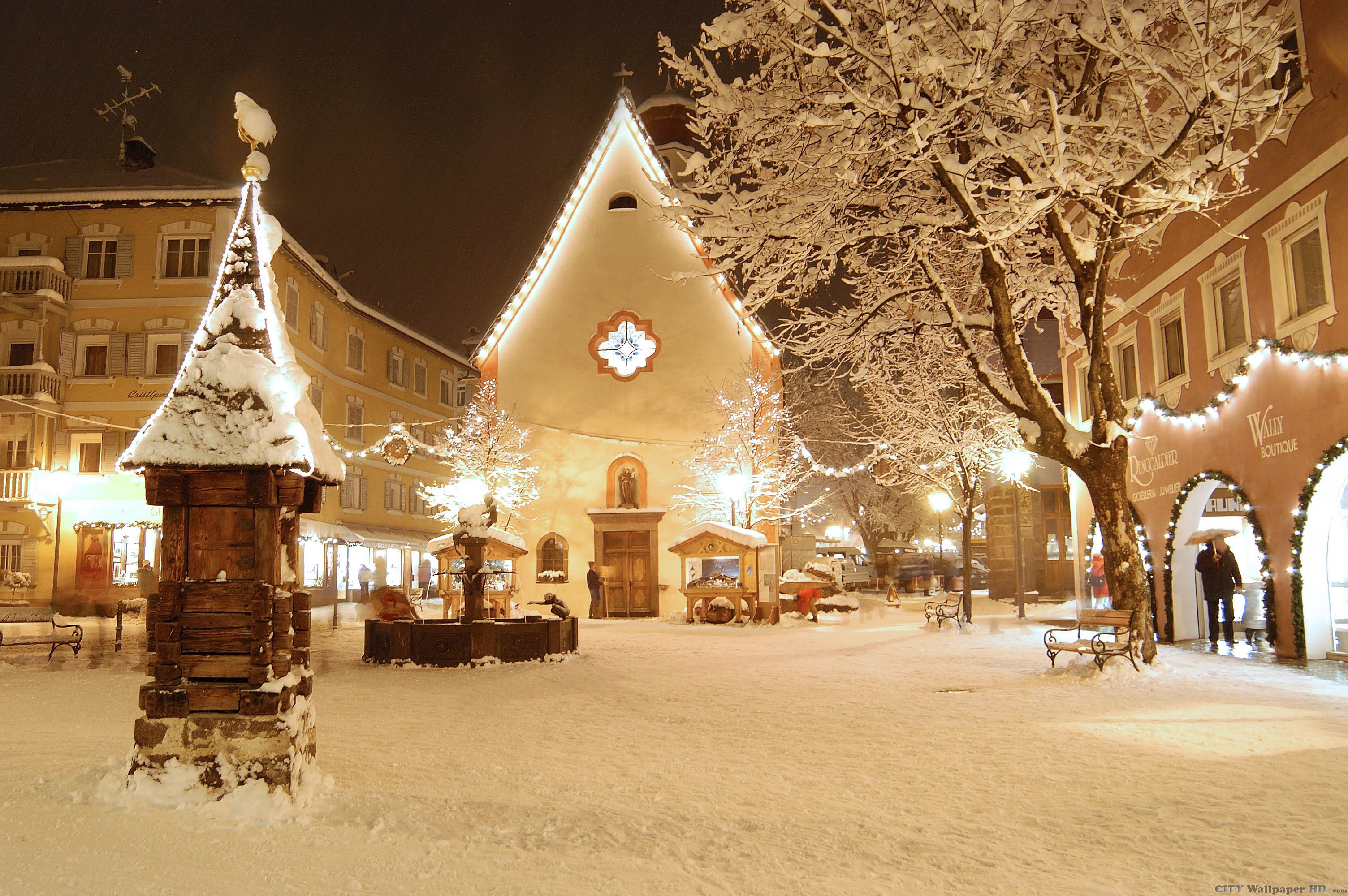 壁紙weihnachten,雪,冬,町,木,点灯