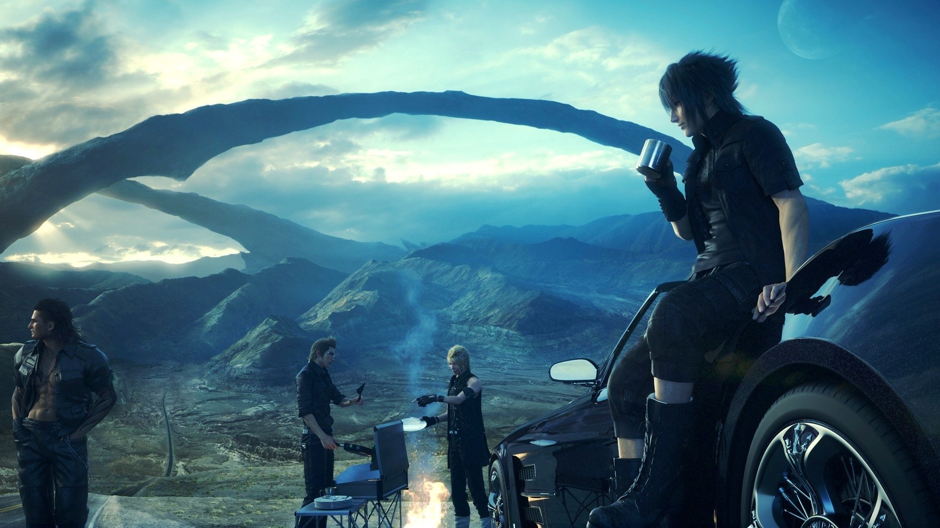 fond d'écran final fantasy xv,la photographie,montagne,chaîne de montagnes,personnage fictif,véhicule