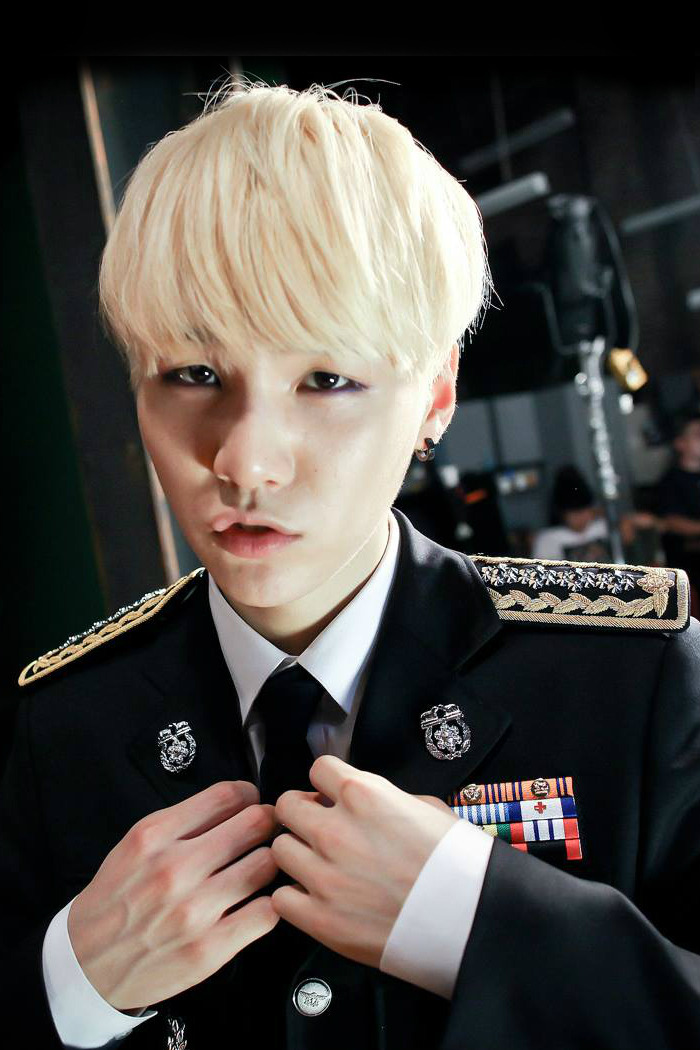 bts suga wallpaper,hairstyle,blond,official,white collar worker,uniform