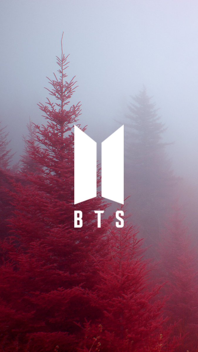 carta da parati con logo bts,albero,rosso,cielo,nebbia,pianta legnosa