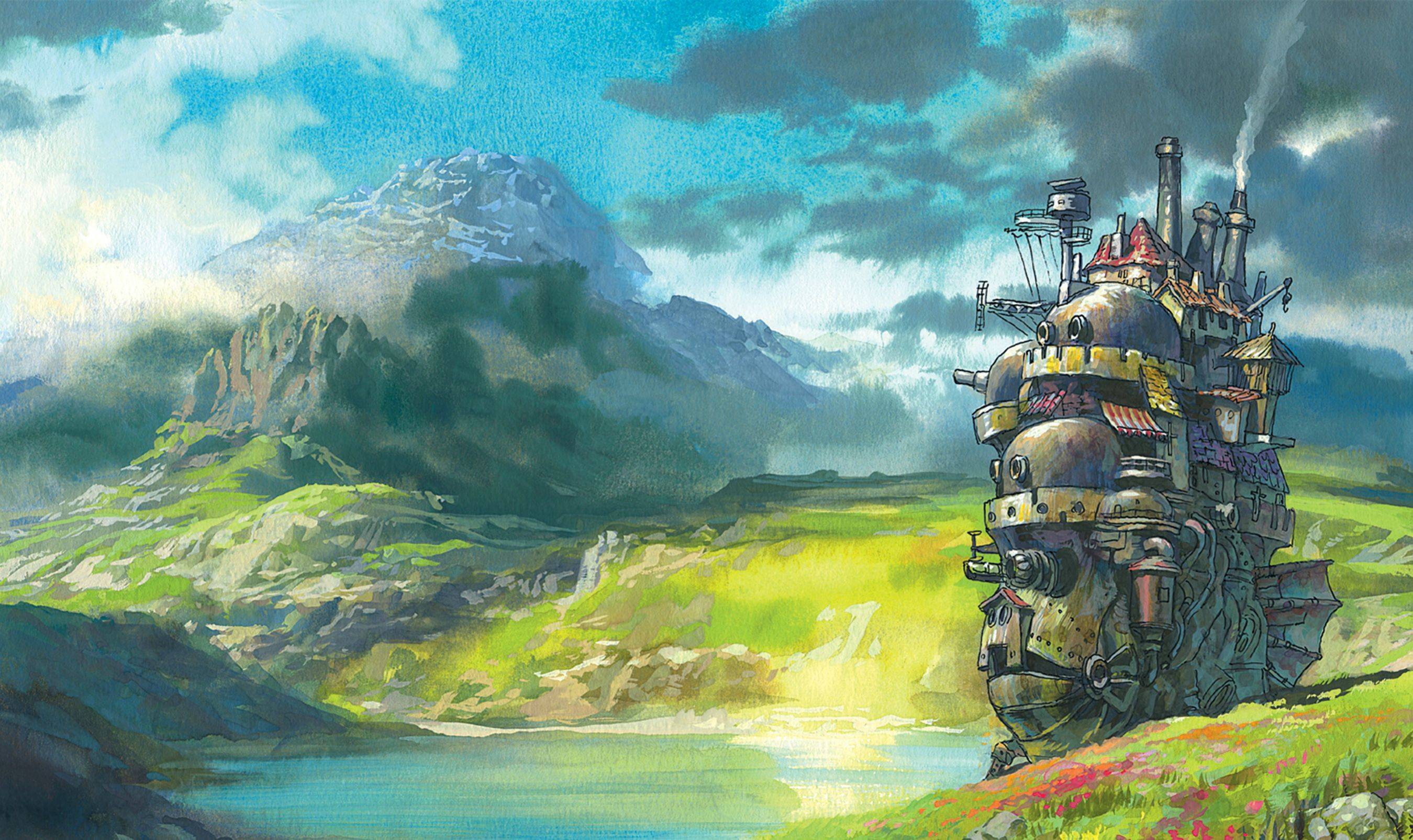 howl's moving castle wallpaper,painting,watercolor paint,cg artwork,landscape,art