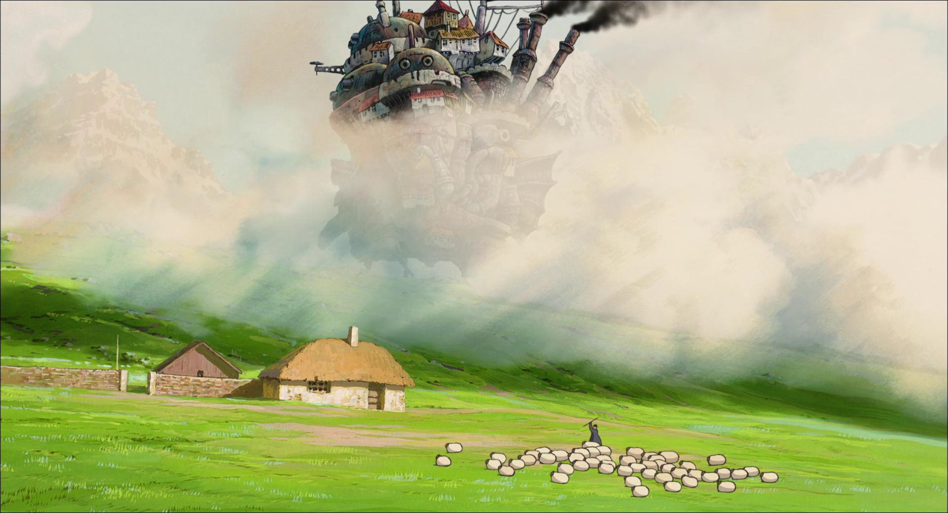 howl's moving castle wallpaper,grassland,natural landscape,grass,watercolor paint,sky