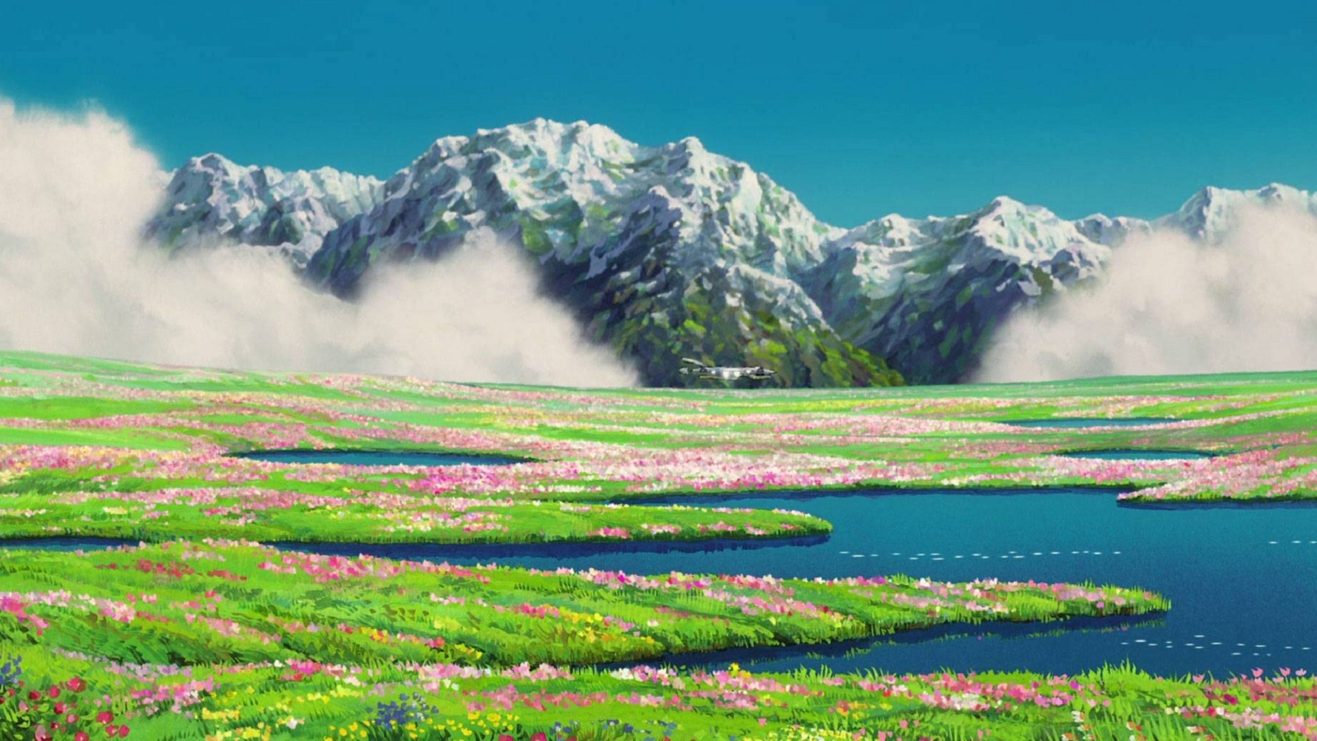 howl's moving castle wallpaper,natural landscape,mountainous landforms,nature,grassland,mountain