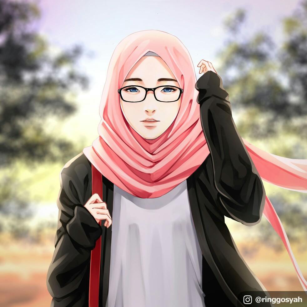 papier peint kartun muslimah berjilbab,rose,anime,des lunettes,pêche,sourire