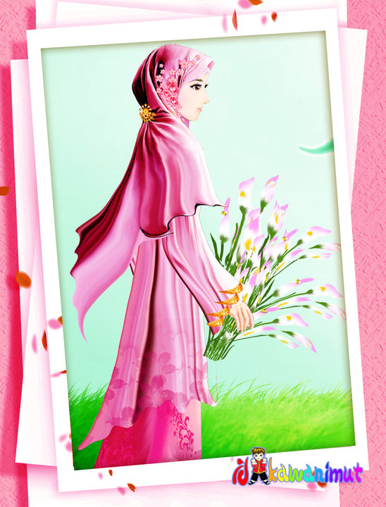 carta da parati kartun muslimah berjilbab,rosa,tessile,cornice,pianta,illustrazione