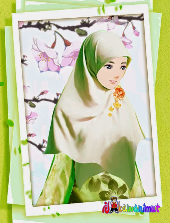 carta da parati kartun muslimah berjilbab,verde,cartone animato,cornice,illustrazione,arte