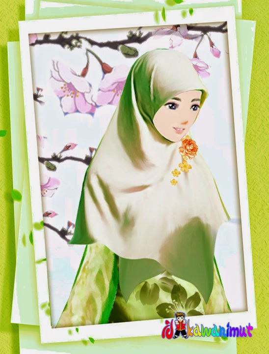 배경 kartun 무슬림 berjilbab,초록,만화,사진 프레임,삽화,미술