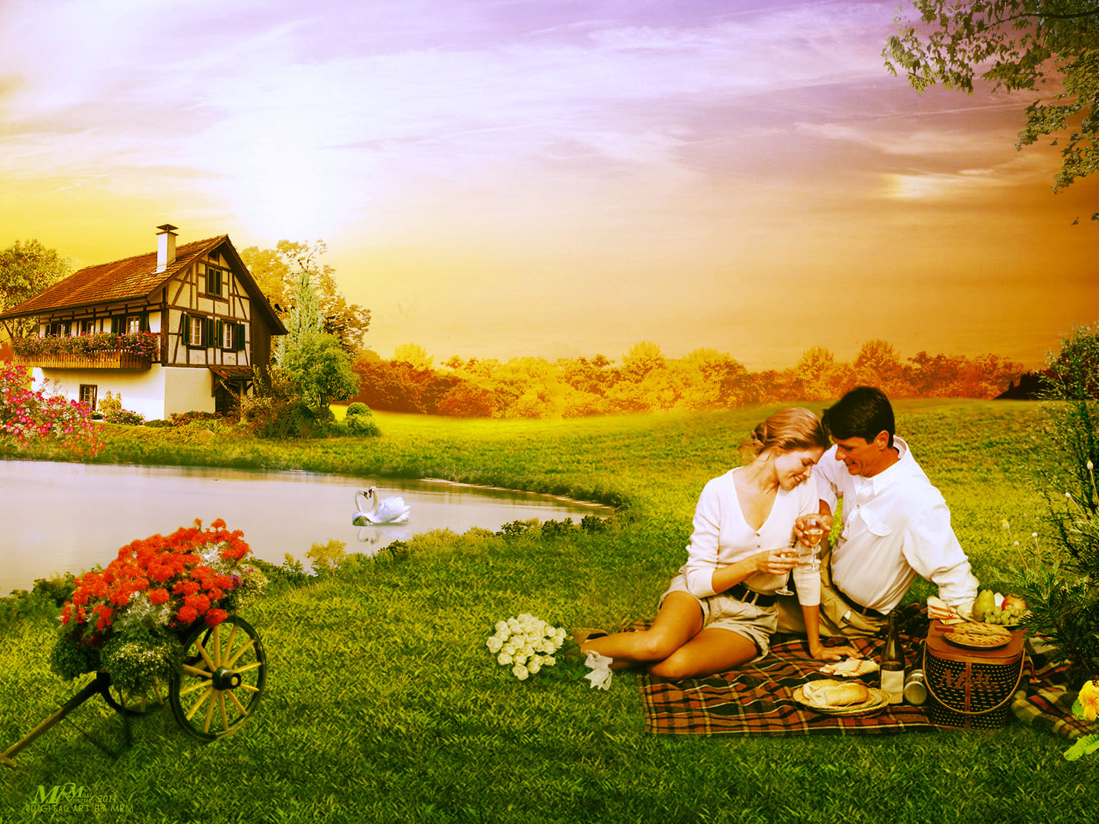 tapete romantis,natürliche landschaft,gras,liebe,landschaft,gemälde