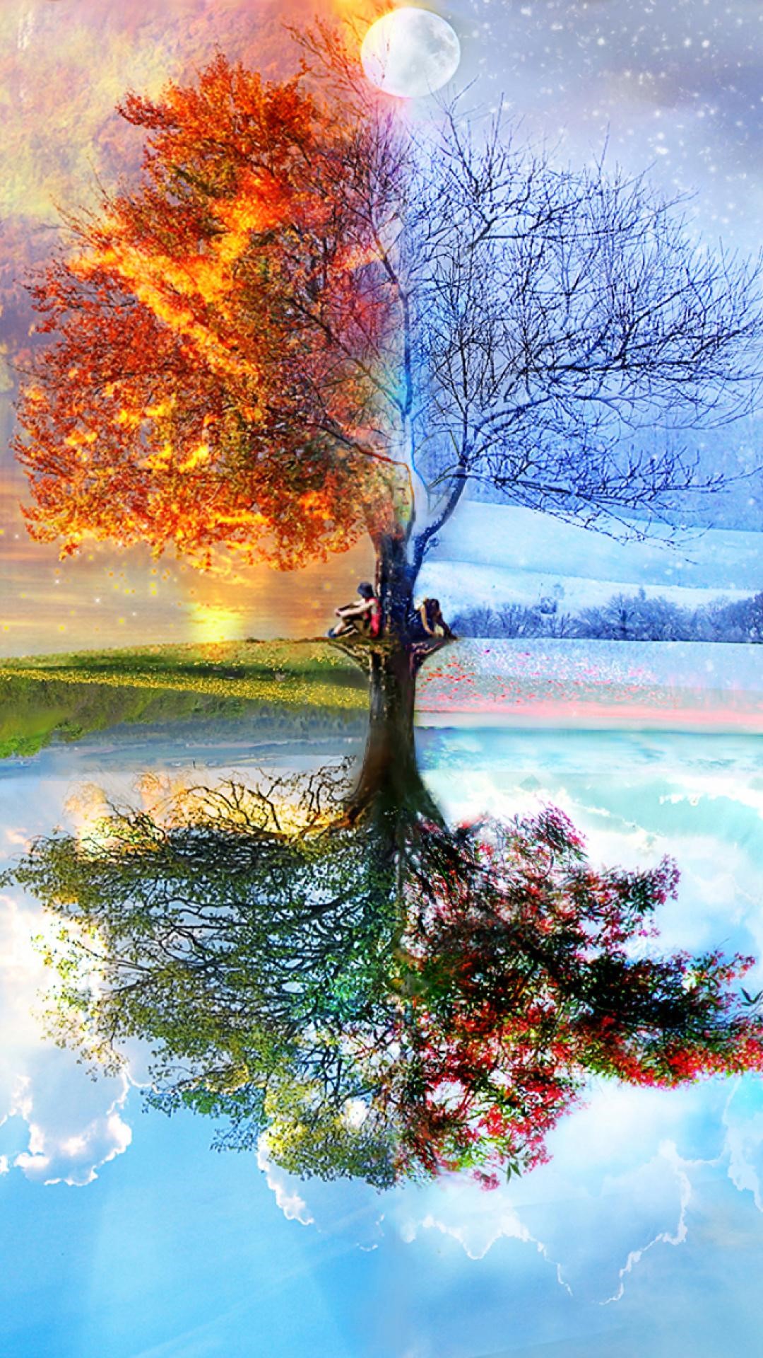 wallpaper para iphone 6 plus,nature,reflection,natural landscape,tree,painting