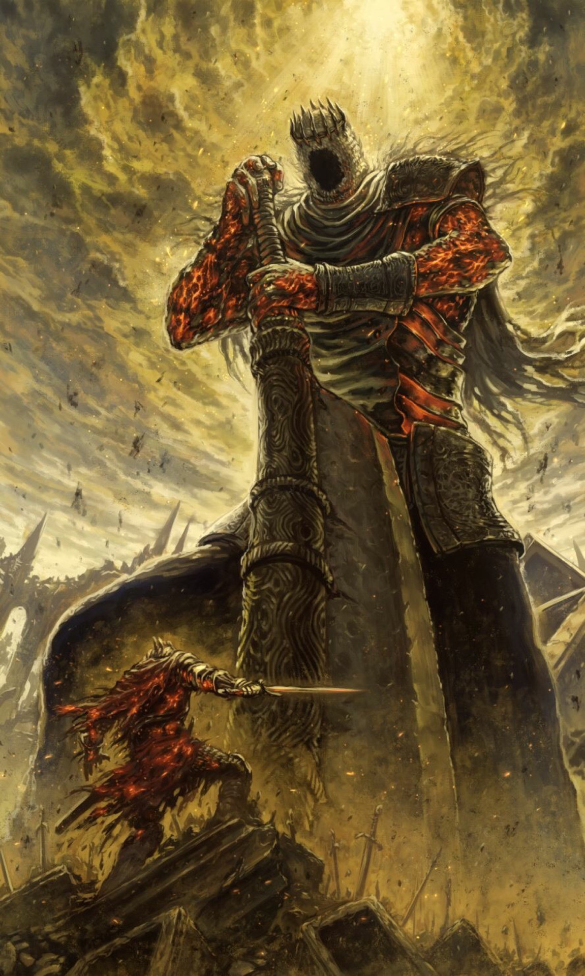 sfondo di dark souls per 3 telefoni,cg artwork,illustrazione,demone,mitologia,personaggio fittizio