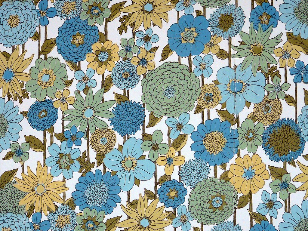 papier peint des années 1970,bleu,modèle,textile,fleur,plante