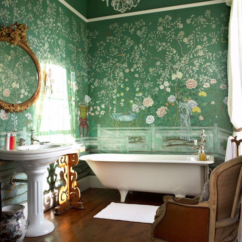 ヴィンテージバスルームの壁紙,浴室,ルーム,緑,インテリア・デザイン,壁紙
