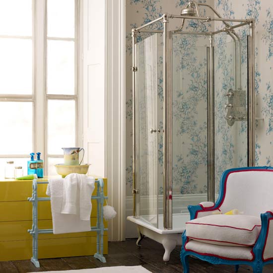 vintage bathroom wallpaper,room,curtain,furniture,interior design,yellow