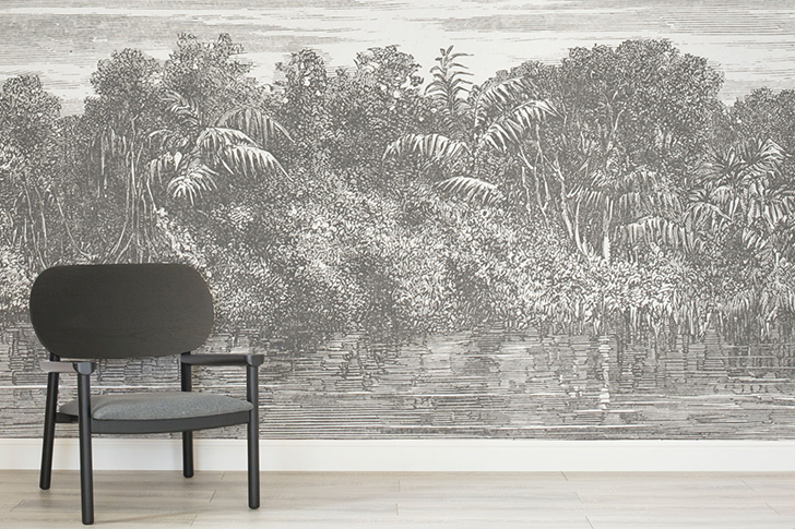 vintage inspired wallpaper,furniture,wall,tree,wallpaper,black and white