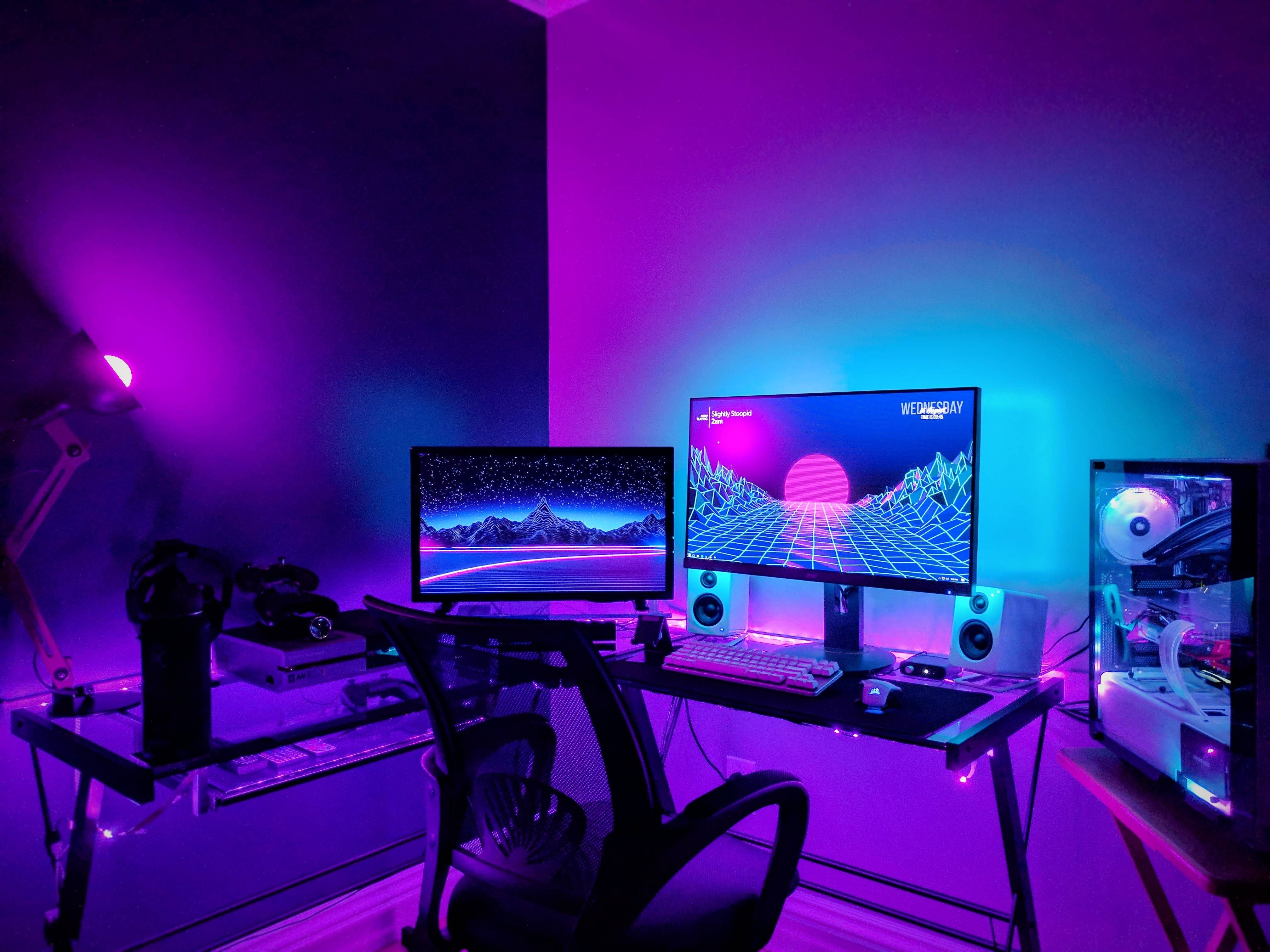 gaming setup wallpaper,purple,visual effect lighting,violet,lighting,room