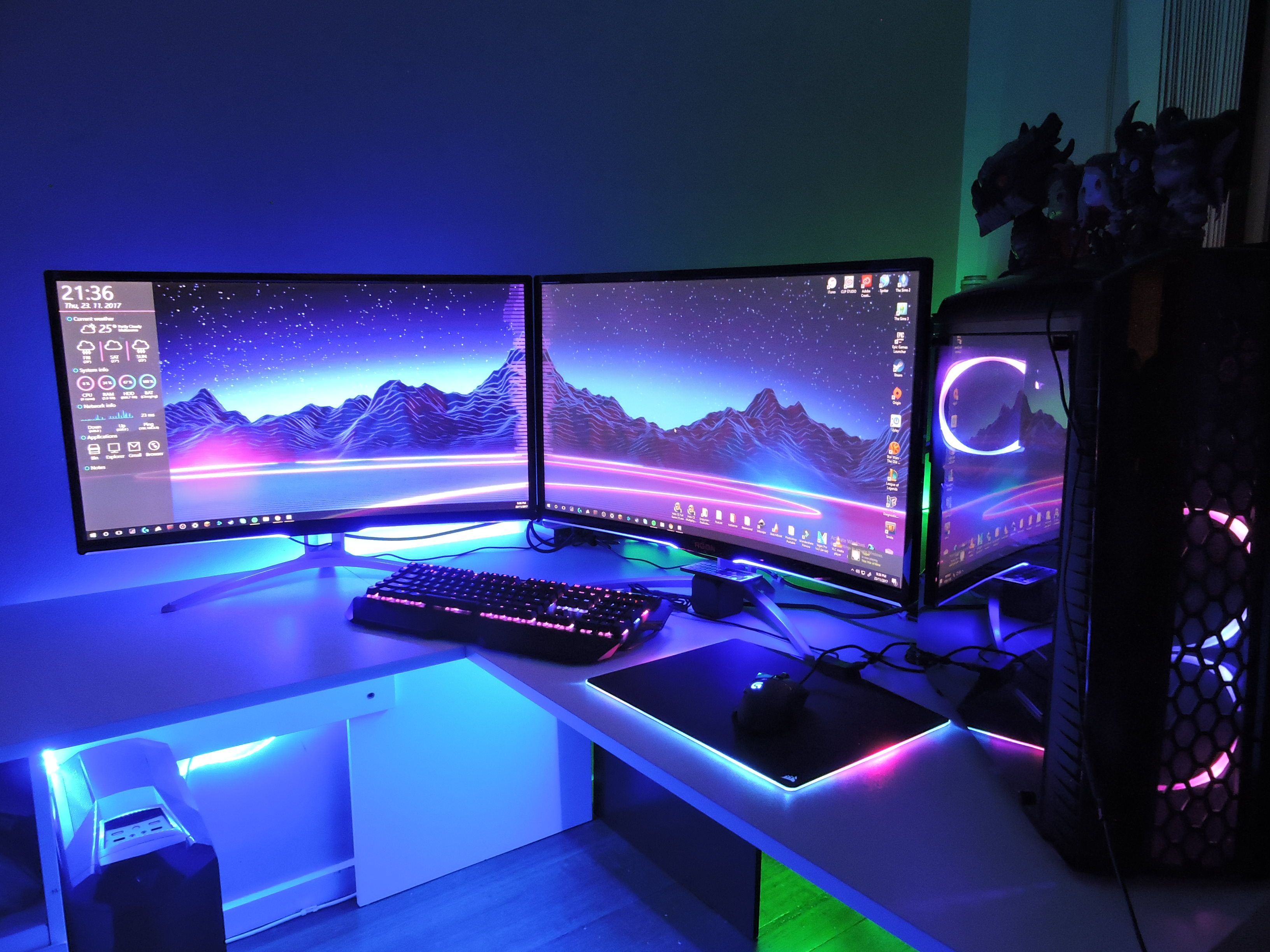 gaming setup wallpaper,display device,computer monitor,desktop computer,technology,lighting