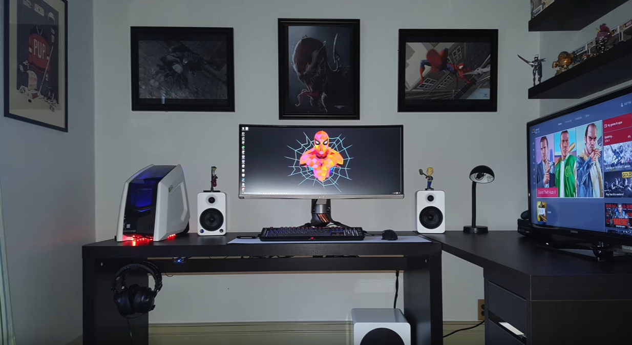 gaming setup wallpaper,furniture,computer desk,desk,room,screen