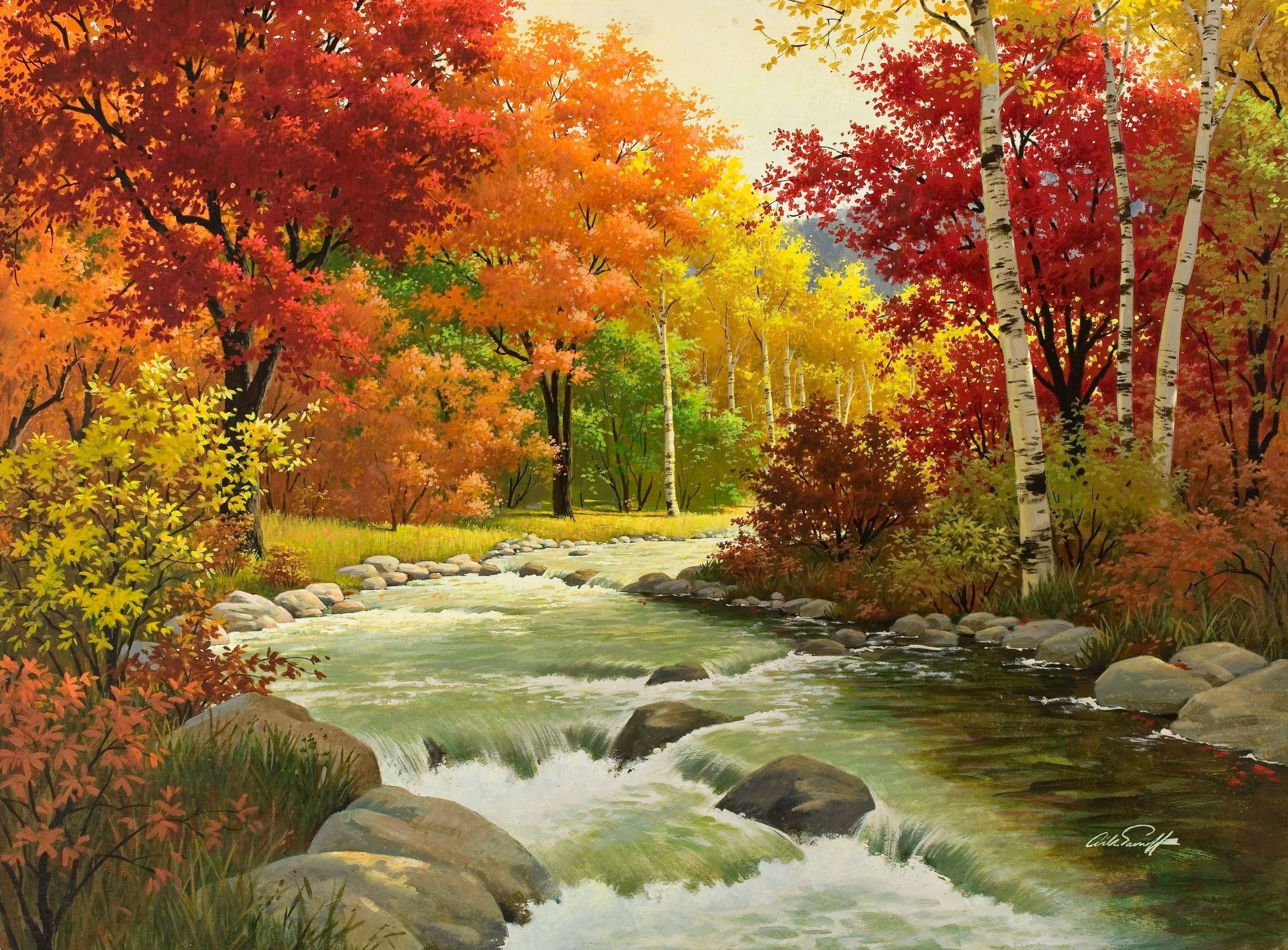 fundo wallpaper,natural landscape,nature,painting,stream,tree