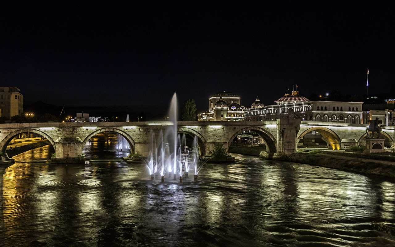 macedonia fondo de pantalla,noche,agua,río,ciudad,puente