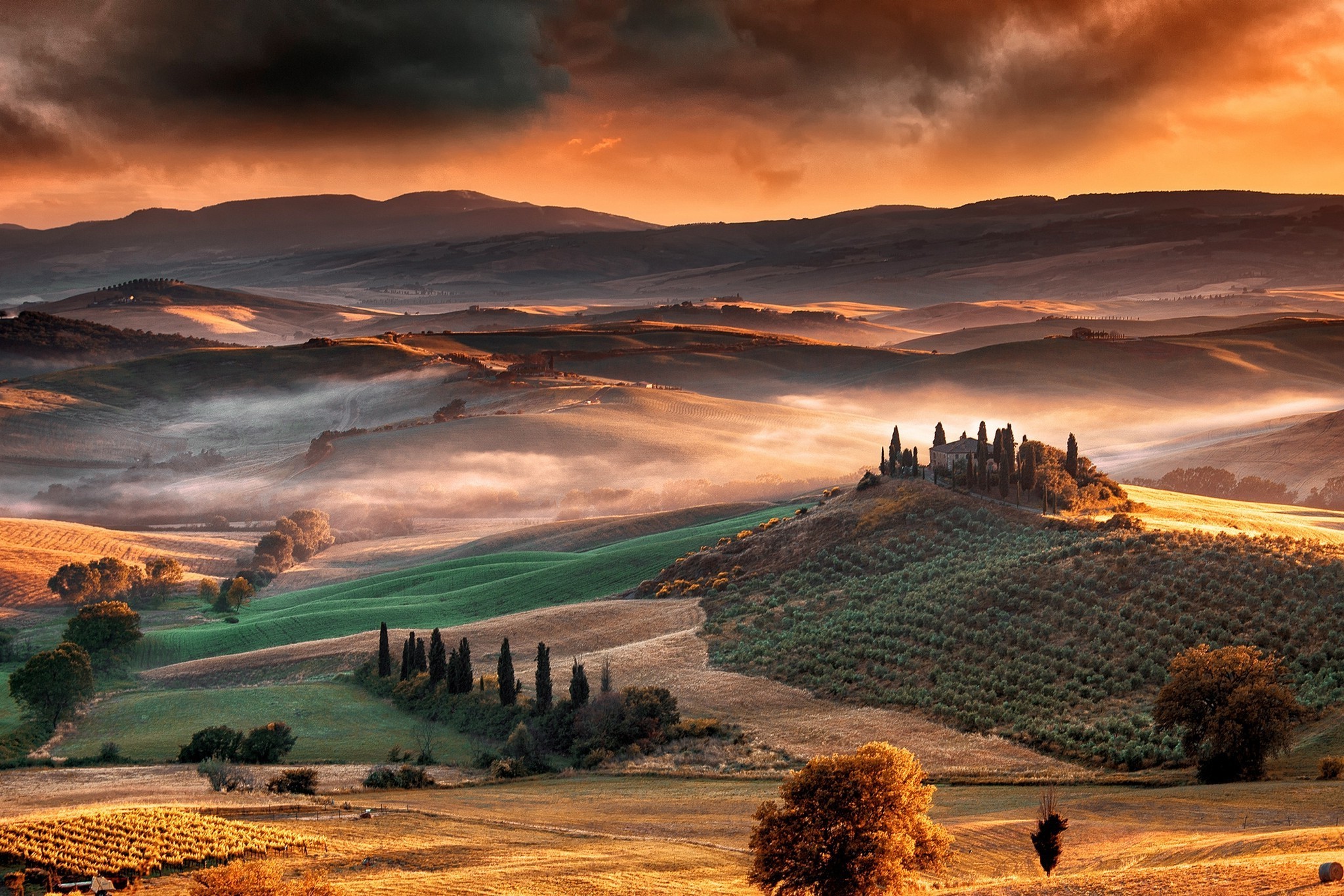 toskana tapete,natur,natürliche landschaft,himmel,landschaft,morgen