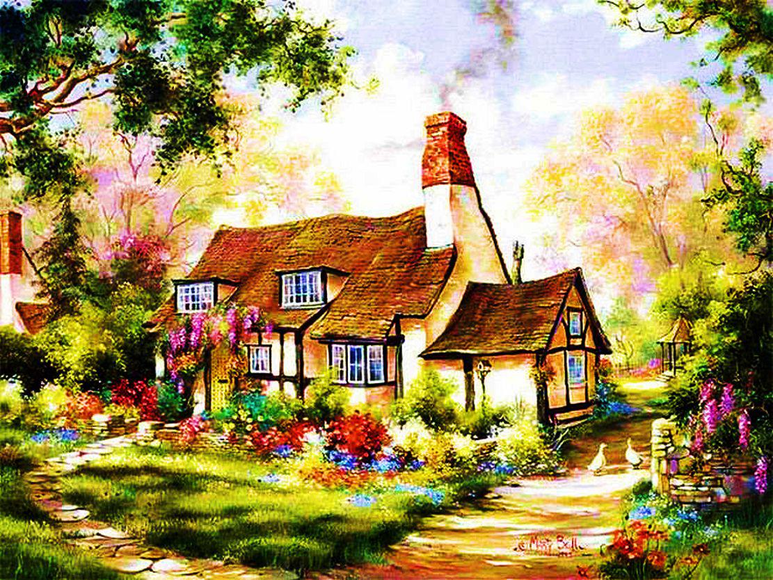country cottage wallpaper,watercolor paint,painting,house,home,natural landscape