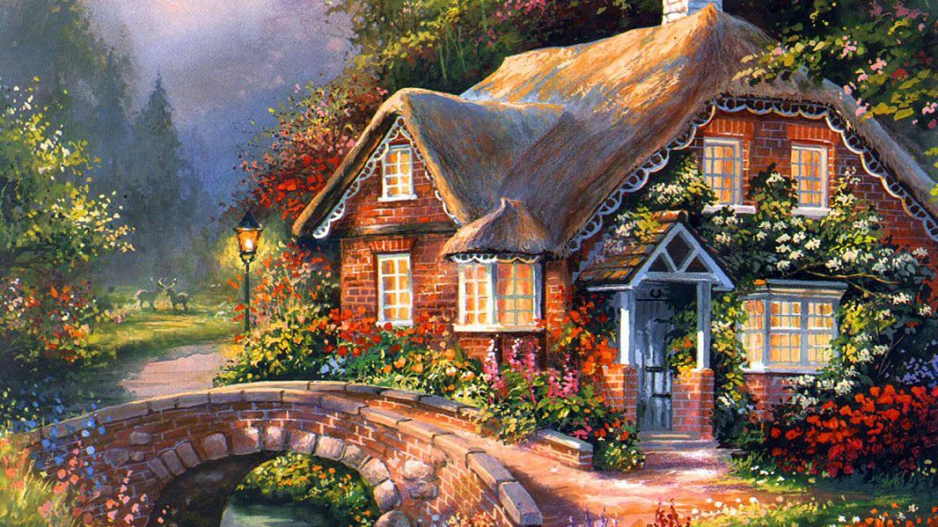 country cottage wallpaper,home,painting,house,natural landscape,watercolor paint