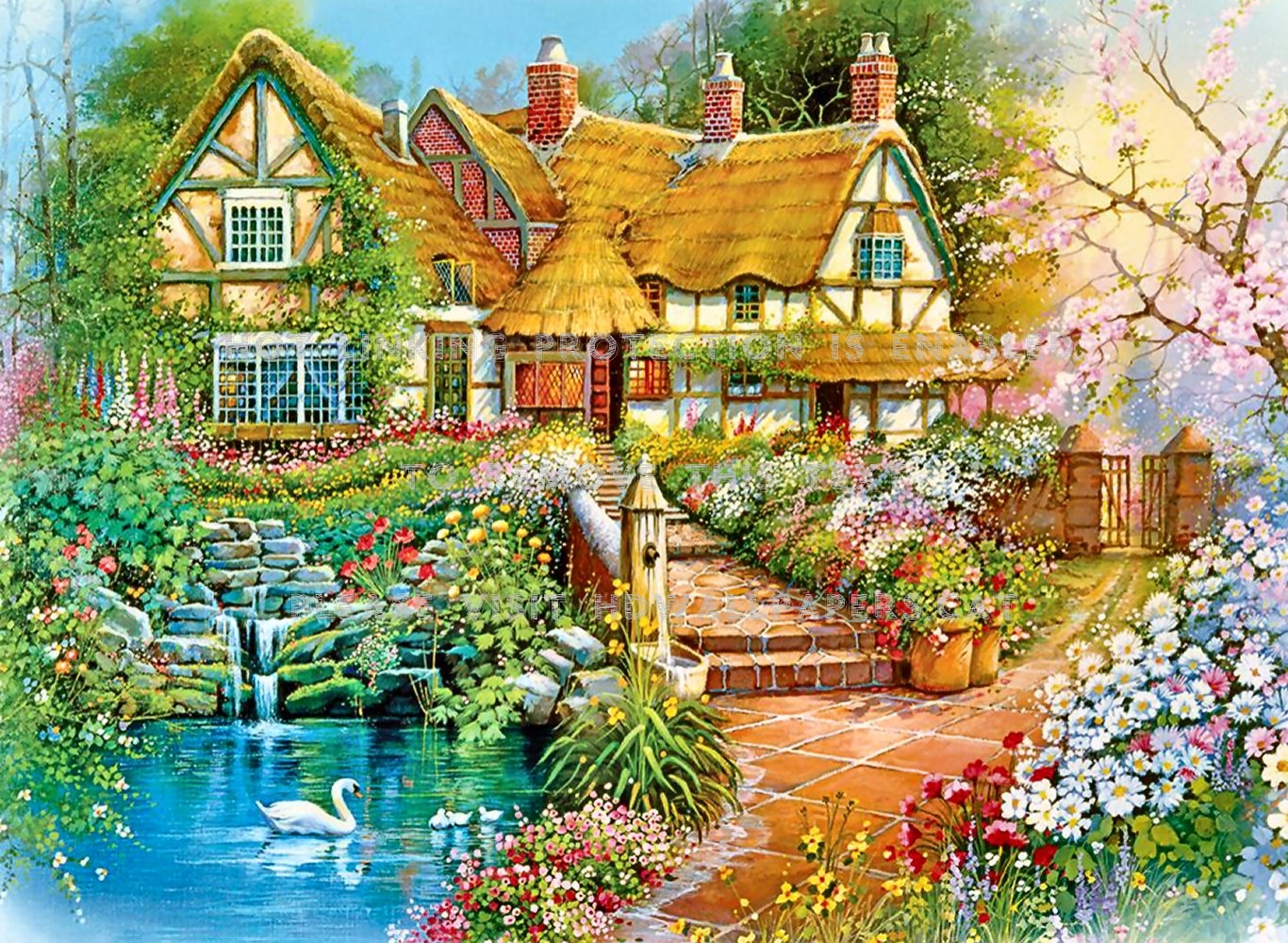 country cottage wallpaper,natural landscape,watercolor paint,home,house,painting