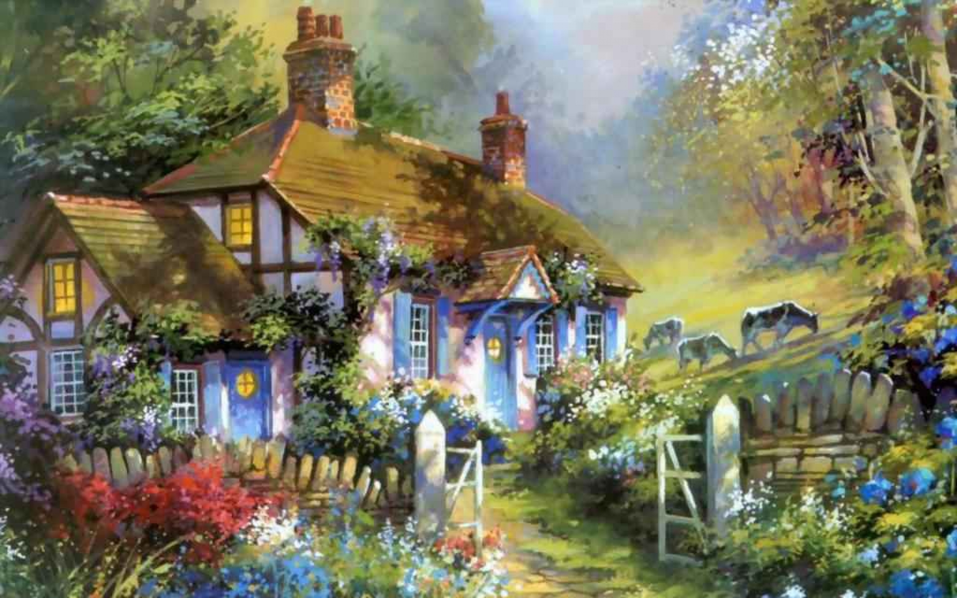 country cottage wallpaper,painting,nature,watercolor paint,natural landscape,house
