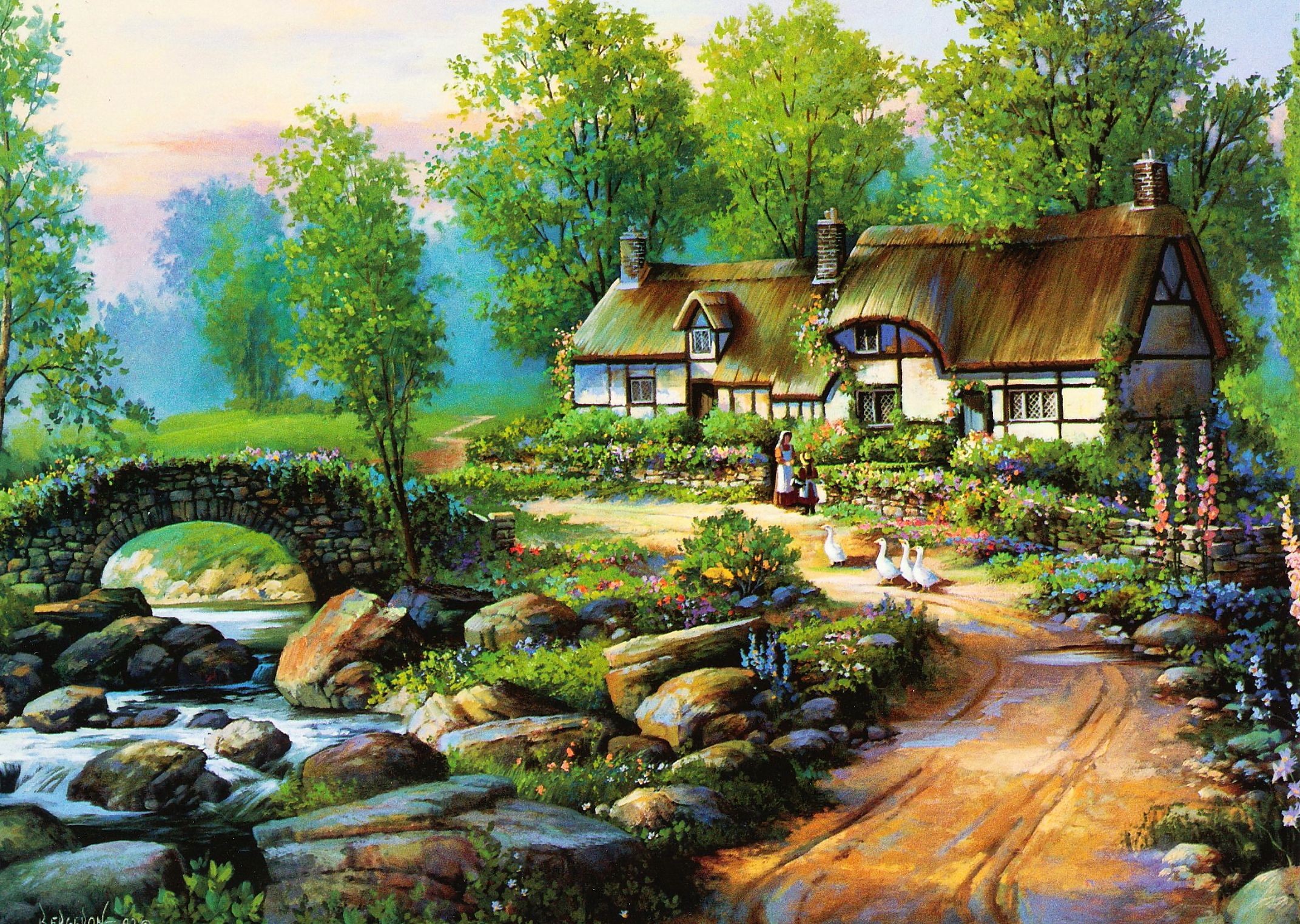 cottage wallpaper,natural landscape,watercolor paint,painting,home,house