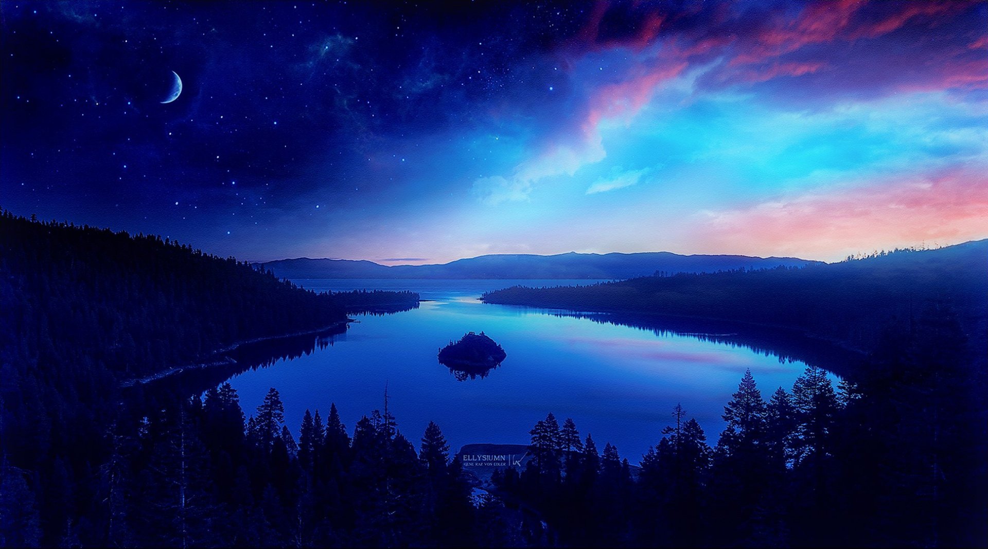 day and night wallpaper,sky,nature,natural landscape,blue,lake