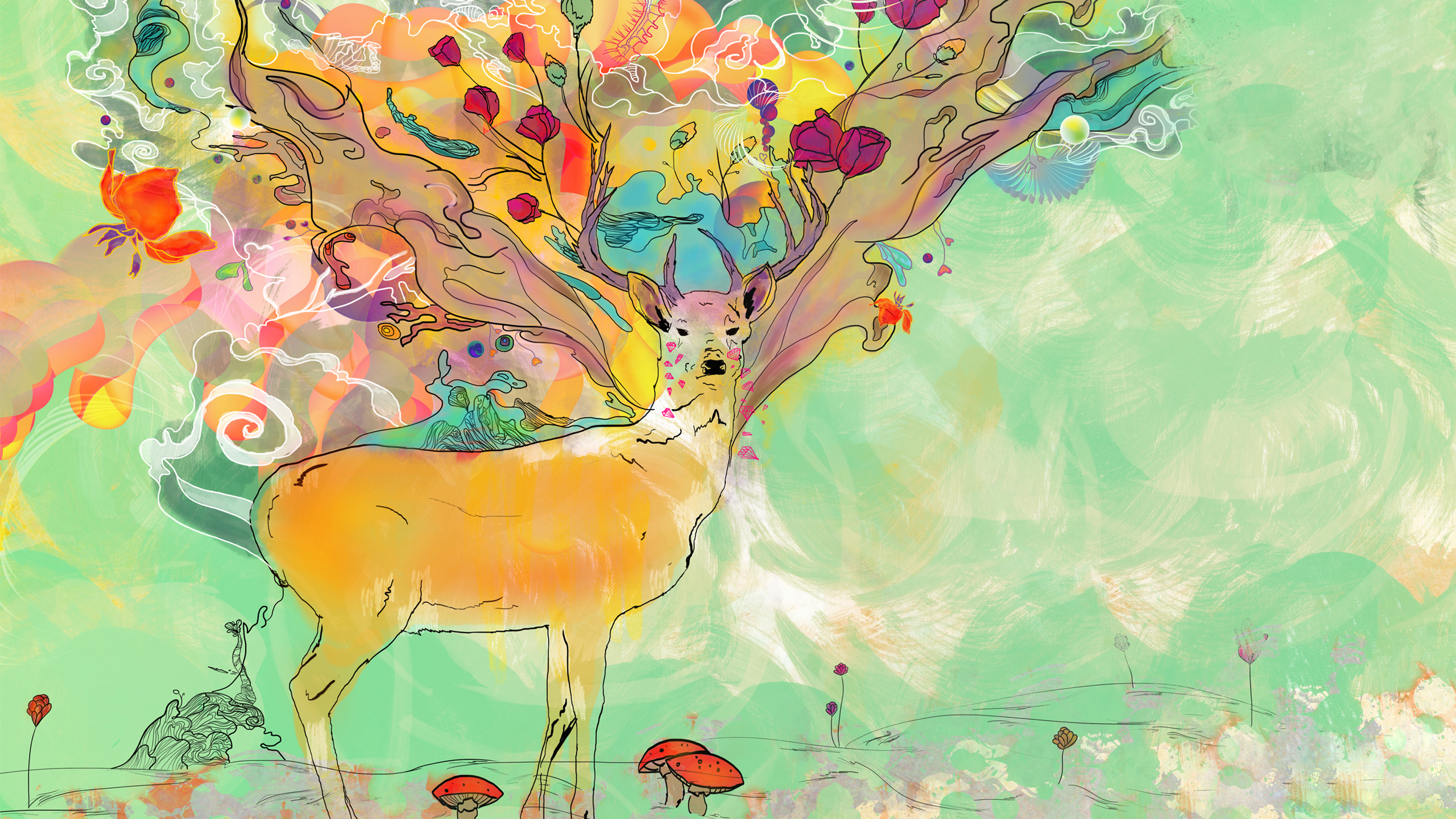 desktop wallpaper art,deer,child art,watercolor paint,art,illustration