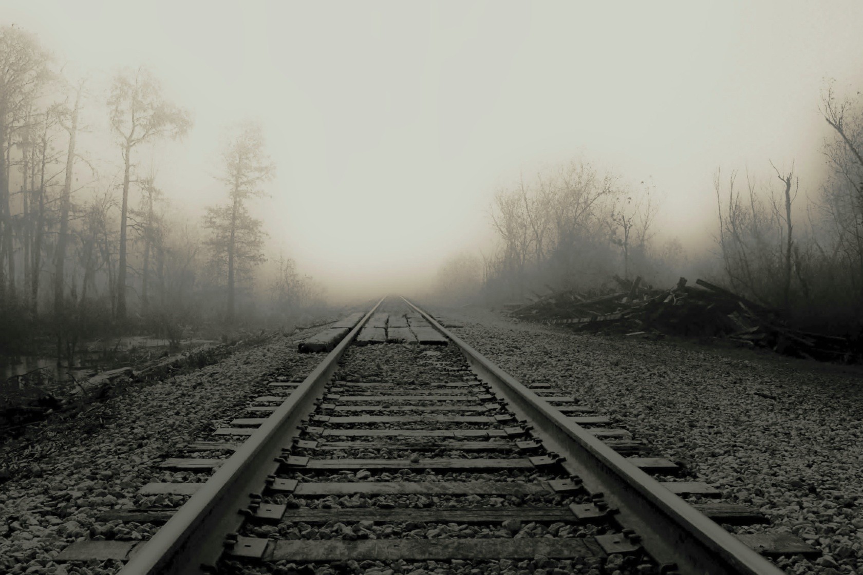 鉄道線路のhd壁紙,追跡,霧,靄,朝,黒と白