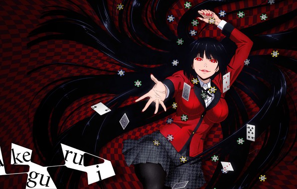 fondo de pantalla de chica loca,rojo,anime,dibujos animados,cabello negro,cg artwork