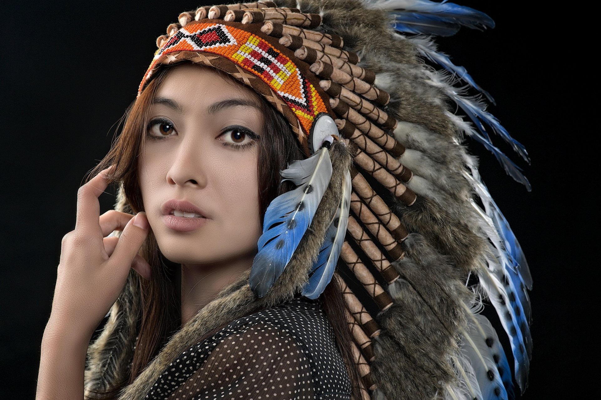 indian woman wallpaper,feather,tribal chief,headgear,portrait photography,bird