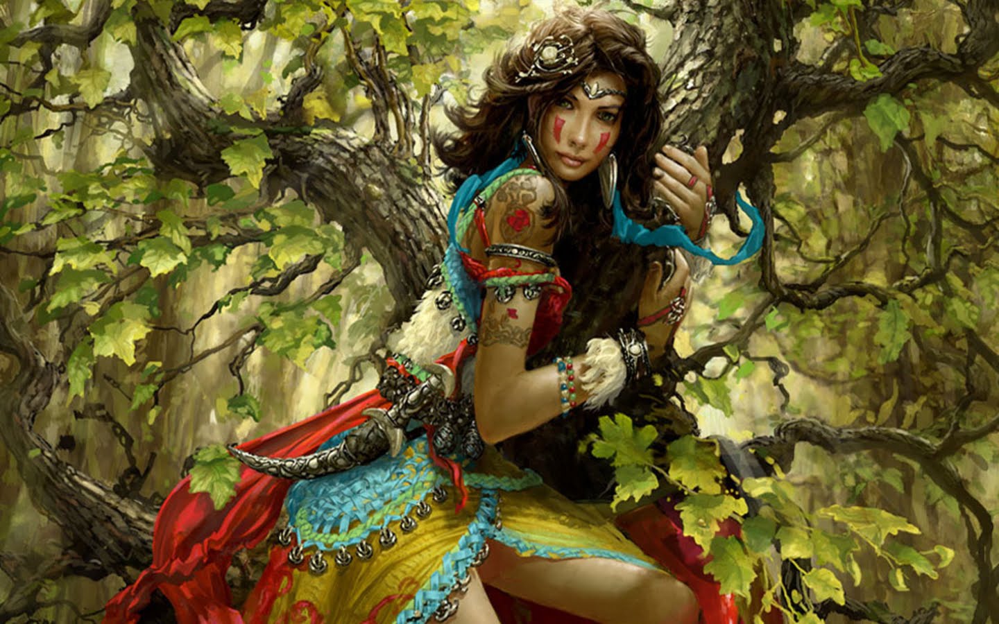 fantasy women wallpaper,cg artwork,tree,jungle,fictional character,mythology