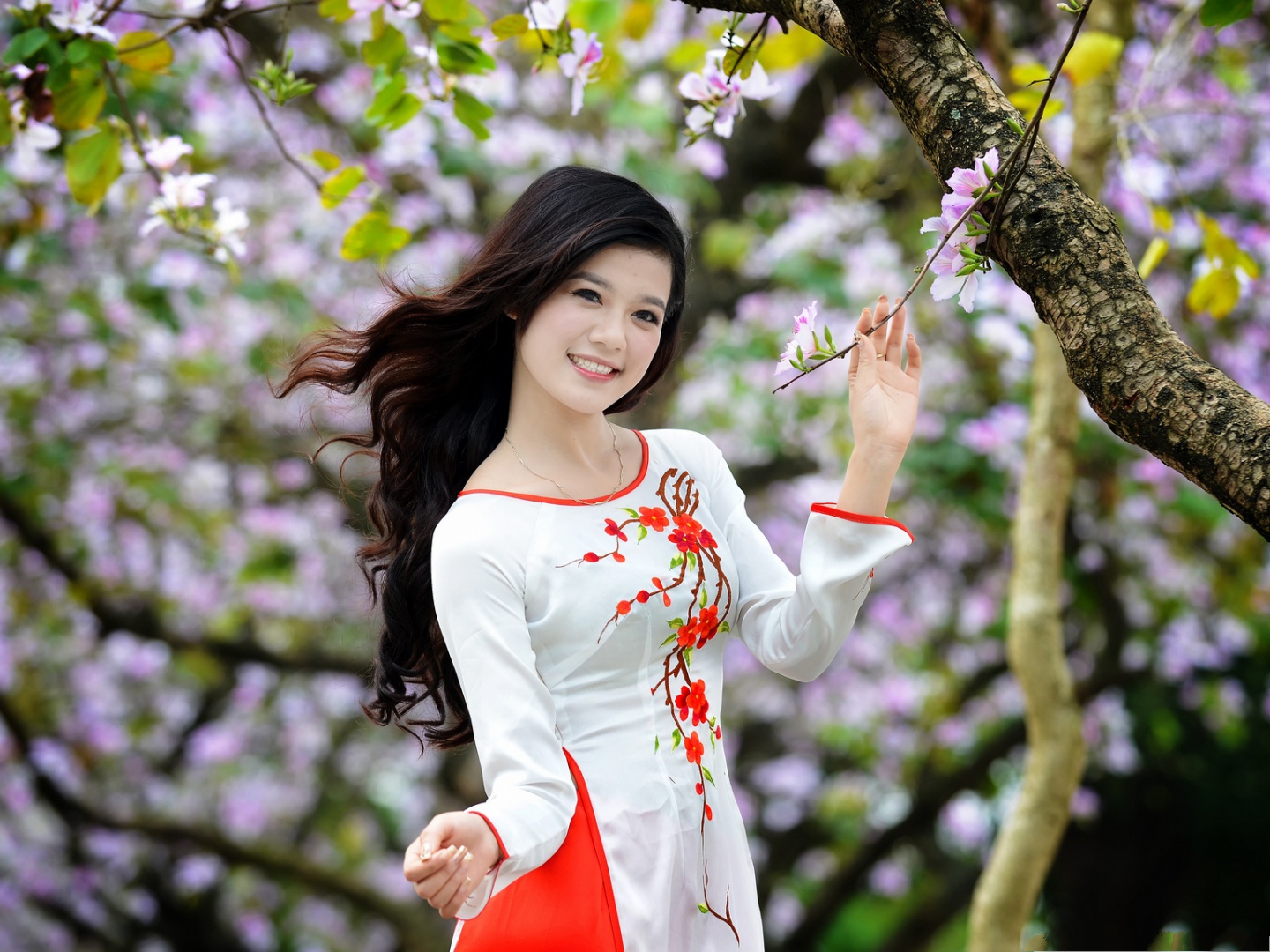 beautiful lady wallpaper,spring,beauty,blossom,pink,shoulder