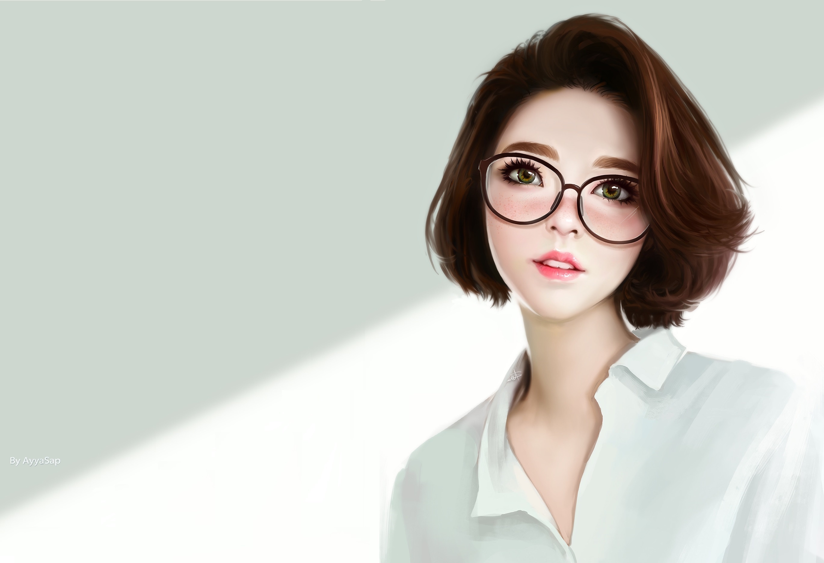 woman painting wallpaper,eyewear,glasses,hair,face,skin