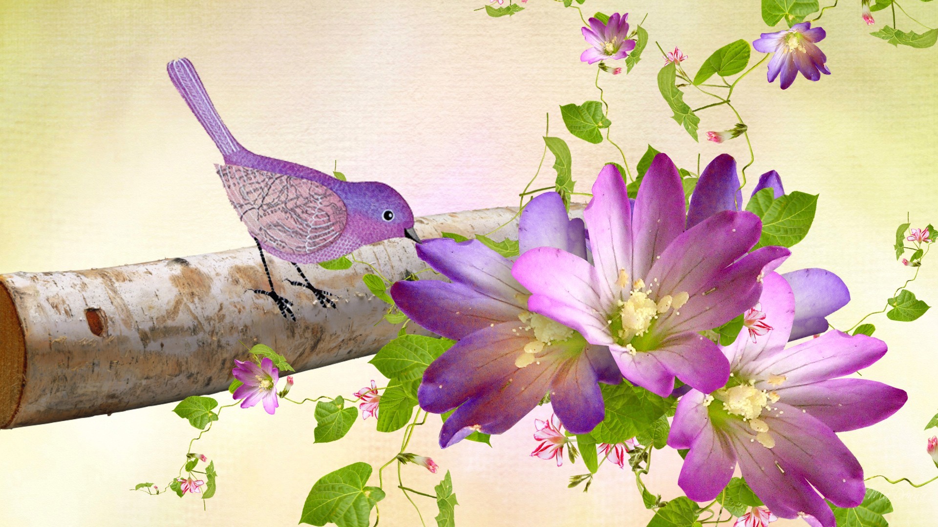 bird flower wallpaper,bird,purple,flower,violet,plant