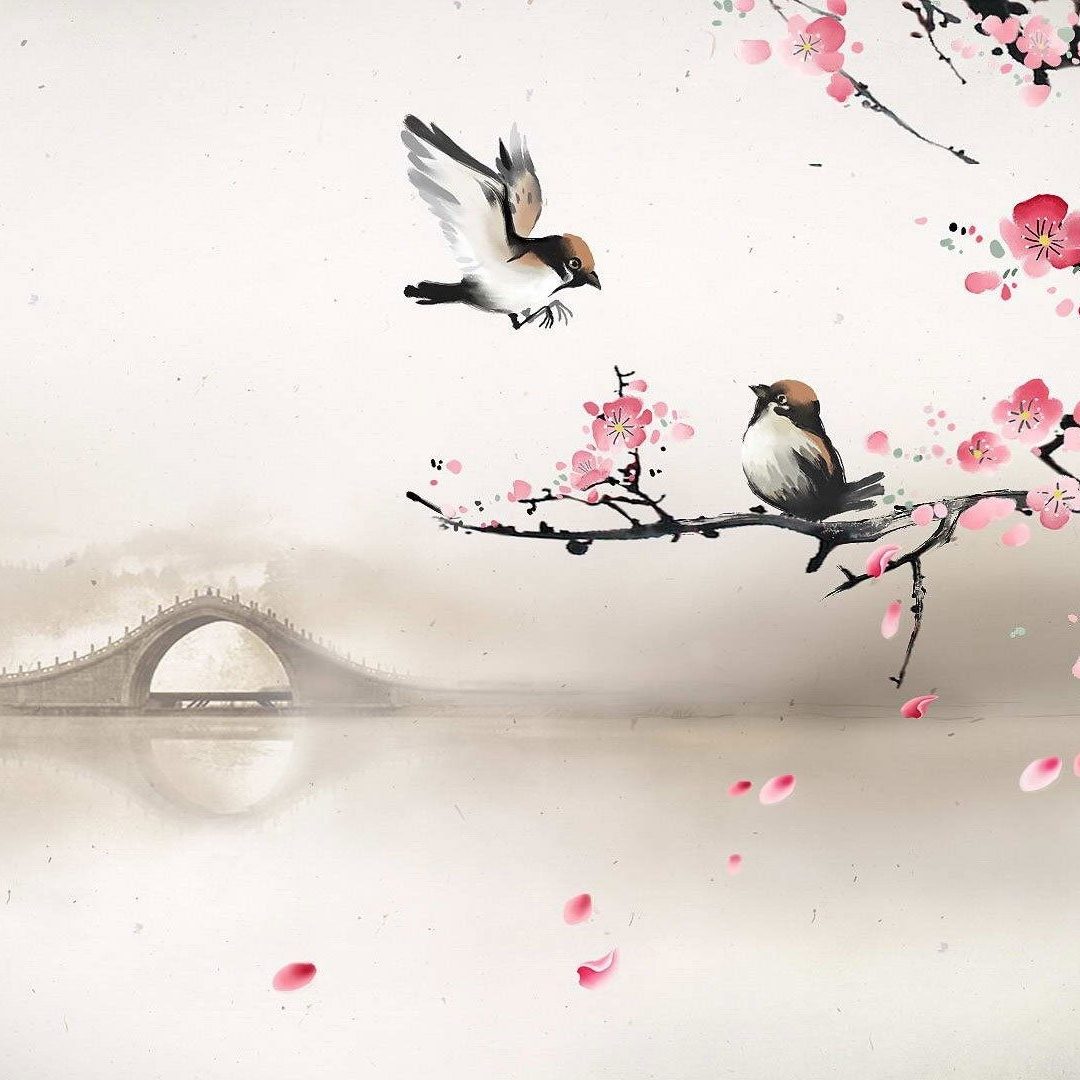 papier peint oriental oiseaux,oiseau,fleur,peinture aquarelle,illustration,fleur
