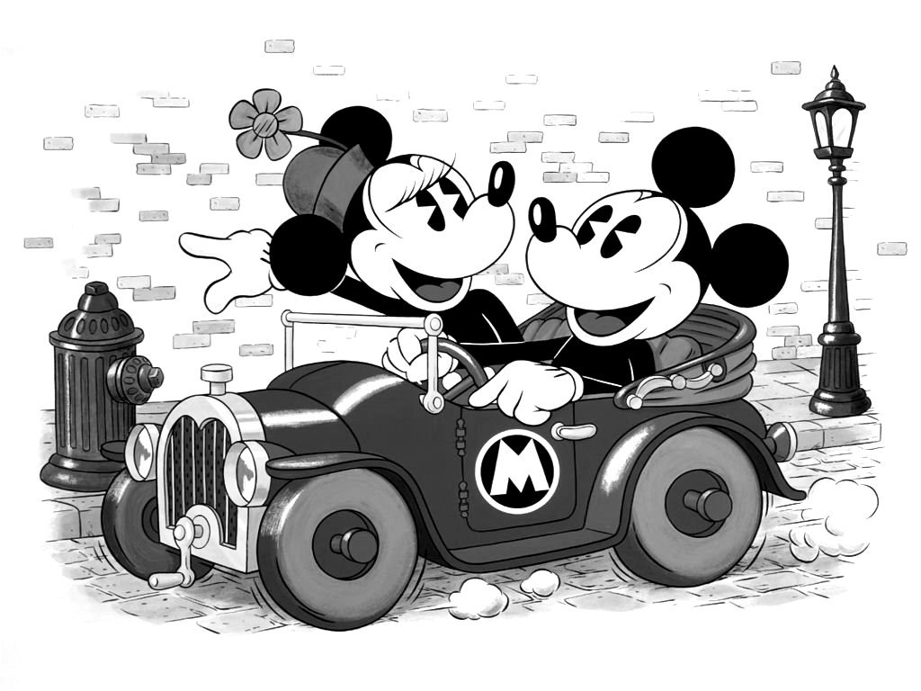vintage mickey mouse wallpaper,cartoon,motor vehicle,illustration,mode of transport,black and white